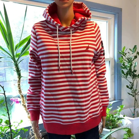 Nautical Women Soft Cozy hoodie sweater size M Red White Strip Thermal Pocket - Picture 2 of 8